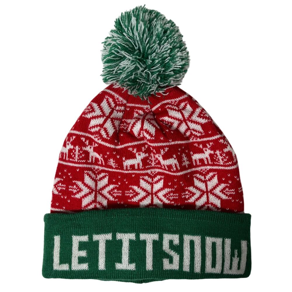 Let It Snow Red Green White Pom Beanie